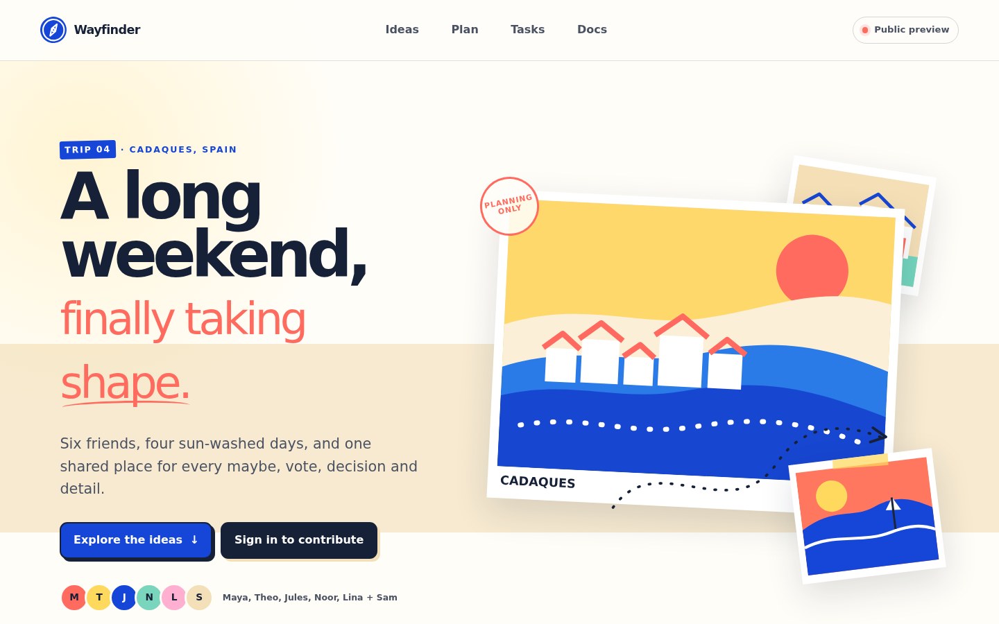 Wayfinder trip homepage showing a Cadaques weekend and its shared planning controls.
